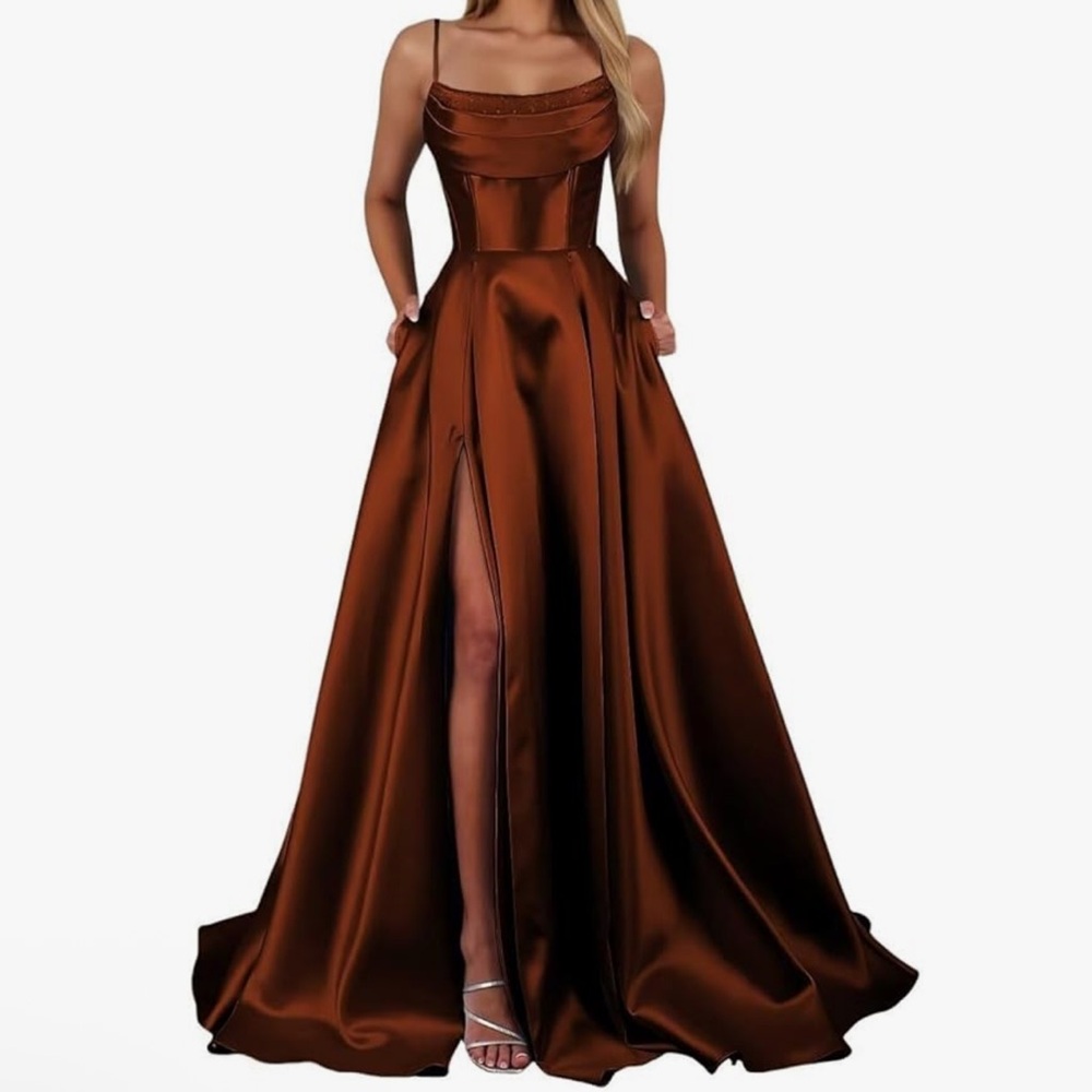 Spaghetti Straps Satin Dress with Slit Long A Line Formal  Gown with Pockets